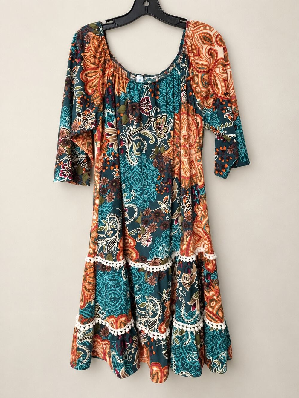 Paisley Grace XXL Teal Orange Paisley Tiered Swing Dress Crochet Trim Boho